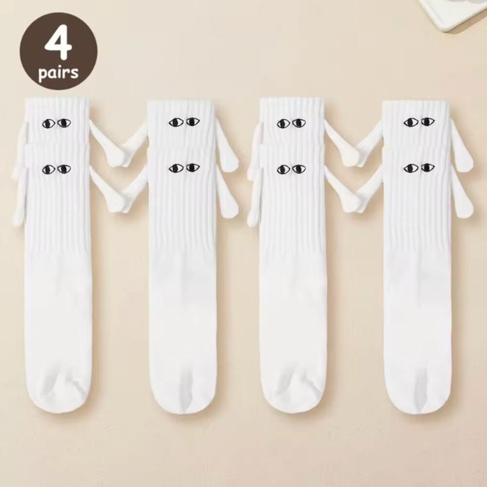 4 Pairs Magnetic Holding Hands Socks Funny Gift Unisex White NEW